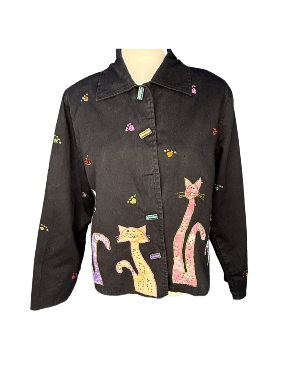 Vintage 90s Cat Applique Shacket Navy Blue Lightweight Denim Women's Large